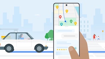 An illustration of a car in the background and a hand in the foreground holding up a phone with Google Maps