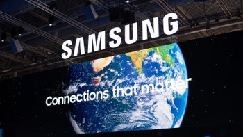 The Samsung logo displayed on a large screen, along with the slogan "Connections that Matter" and an image of the Earth.