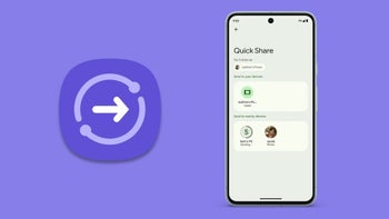 Quick Share feature logo and a Google Pixel phone.