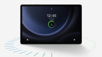 A Galaxy Tab S9 FE tablet shows its lock screen with the time and remaining battery life.