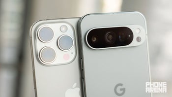 A photo of iPhone 16 Pro next to Google Pixel 9 Pro.