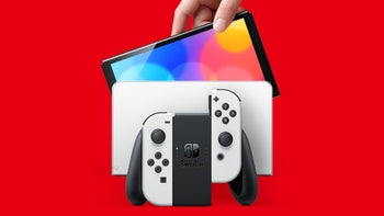 The Nintendo Switch on a red background.