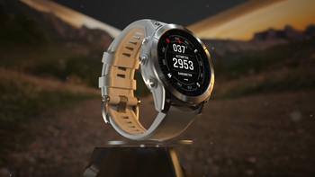 Garmin Epix Gen 2 Sapphire Edition displaying altimeter and compass, set against an outdoor mountains background.