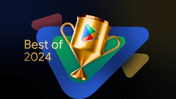 A golden trophy with the Google Play logo on it.