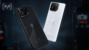 Two ROG Phone 9 smartphones, one in black and one in white, are displayed on a futuristic background with neon lights and gaming symbols.