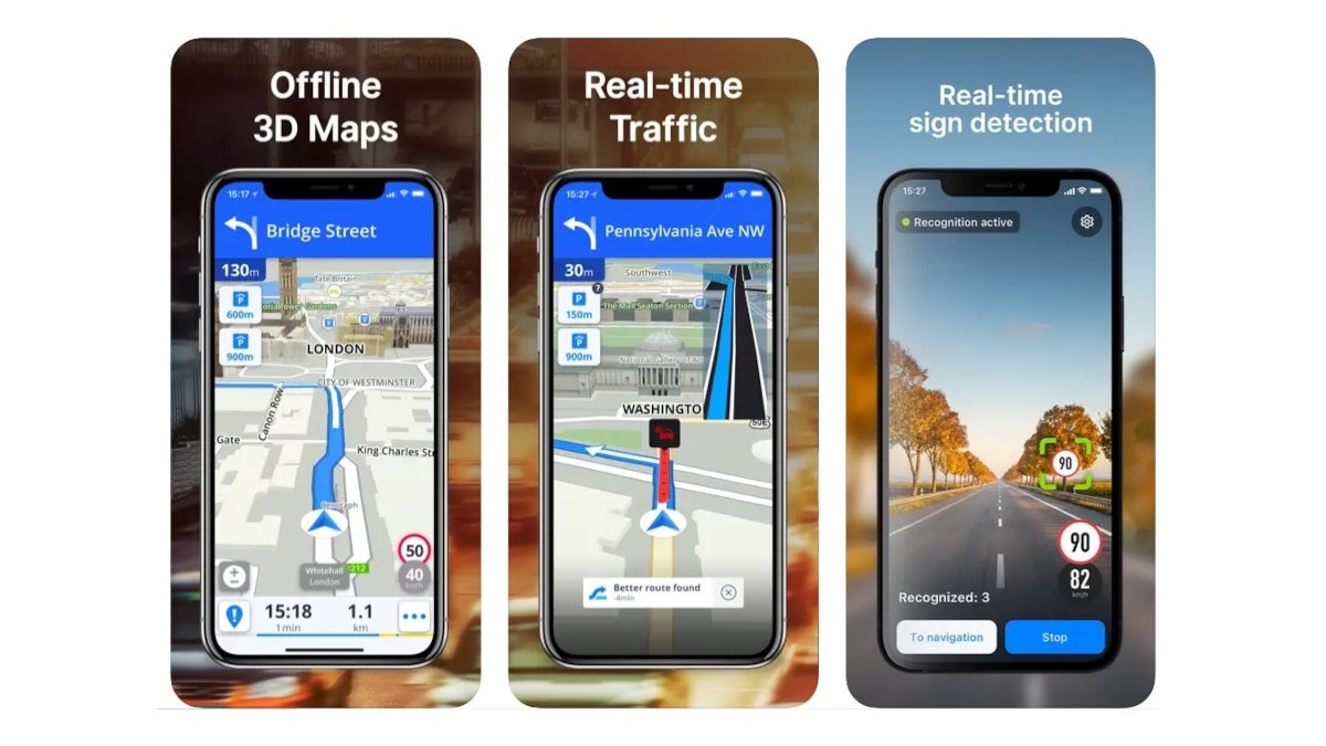 Three screen shots are used to promote the iOS version of the Sygic GPS app.