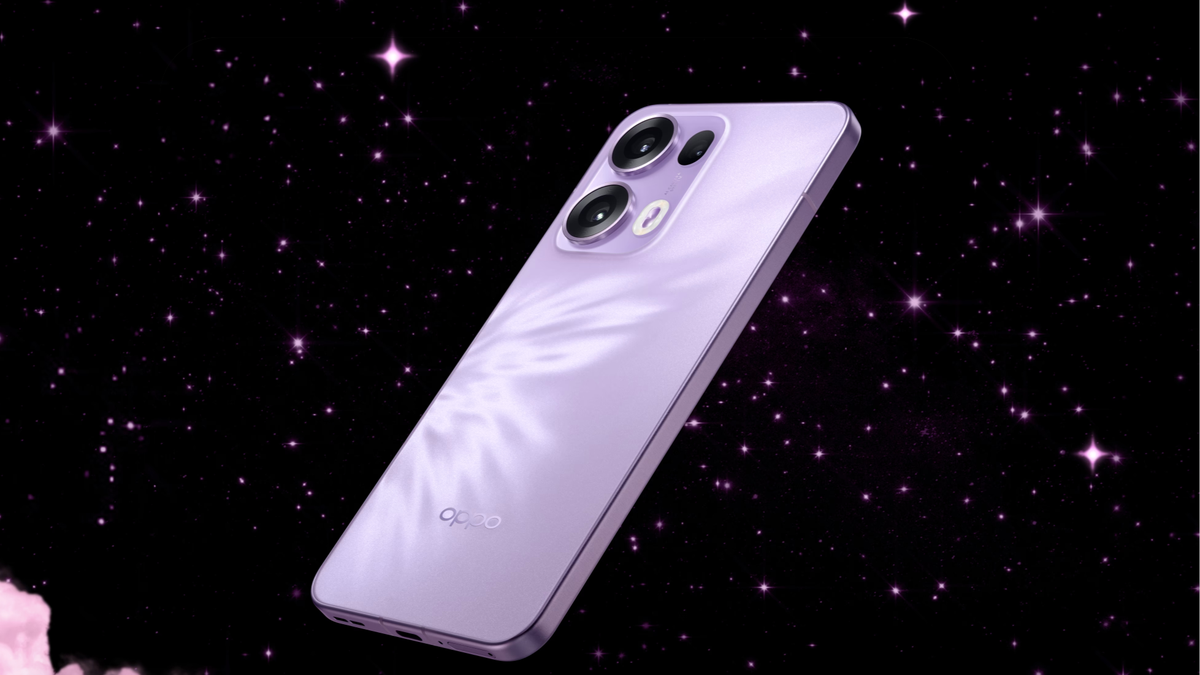 A purple Oppo Reno 13 Pro smartphone is floating in a dark, starry background.
