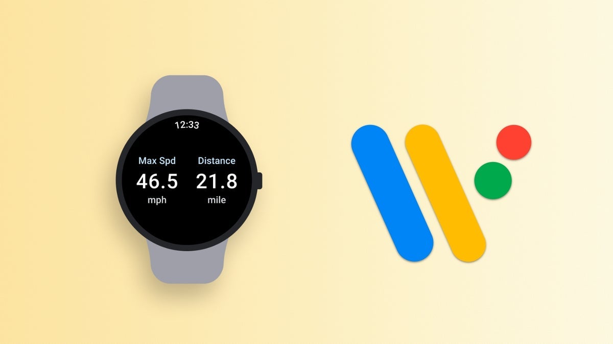 An illustration of a smartwatch beside the Wear OS logo