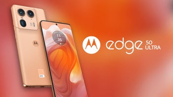 Renders of the Motorola Edge 50 Ultra on a bright orange background.