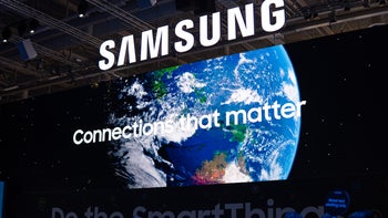 A globe and Samsung's logo from a mobile conference.