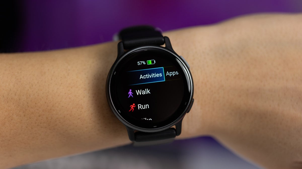 A close-up of a wrist wearing the Garmin Vivoactive 5.