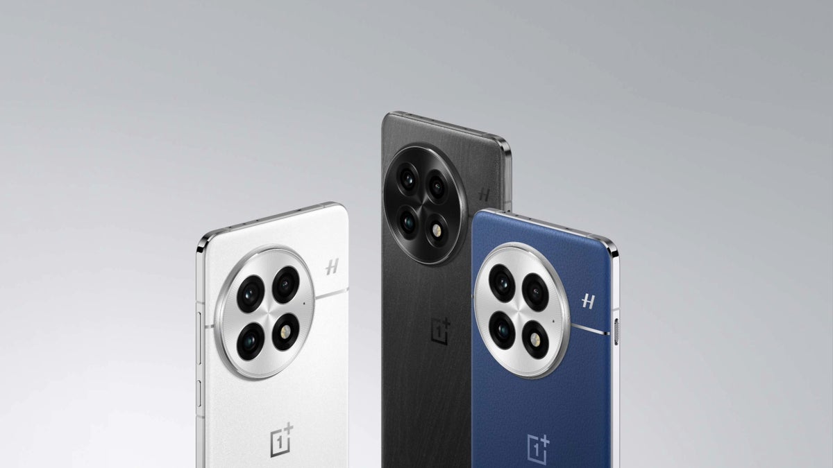 Three OnePlus 13 smartphones in different colors: white, black, blue.