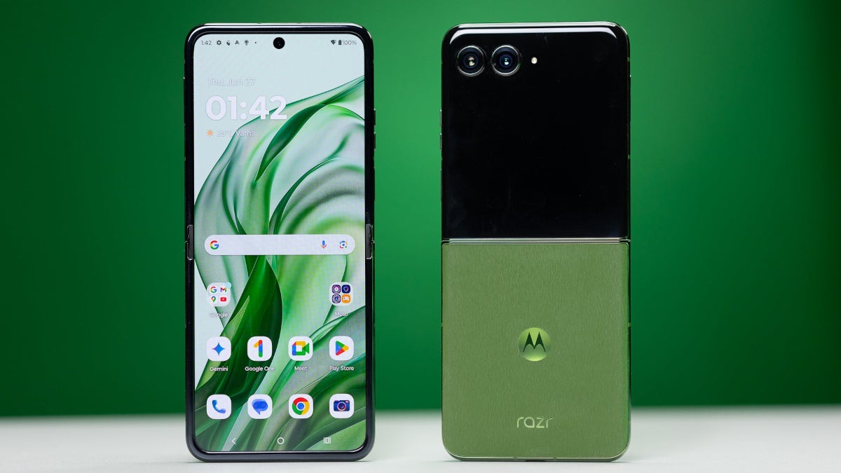 The front and the back of an unfolded Razr+ (2024) is seen in Spring Green.