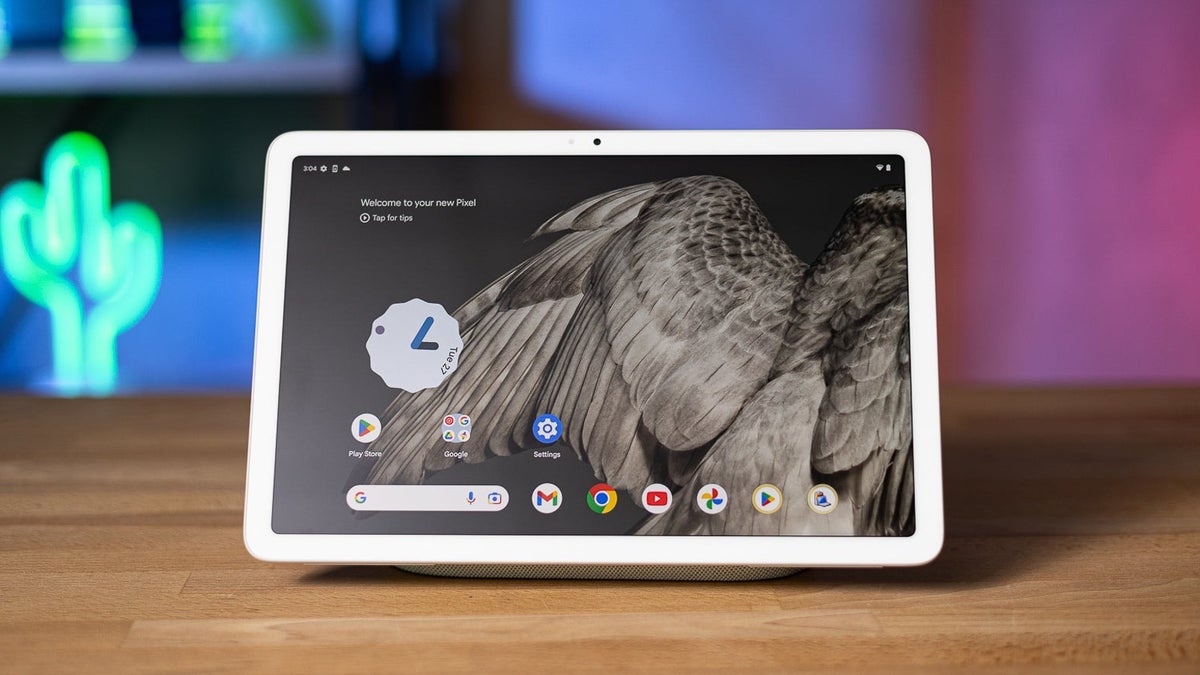 Image of the Pixel Tablet sitting upwards on a table.