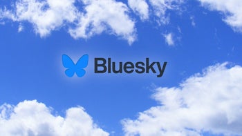 Bluesky logo on a bright blue sky with white clouds.