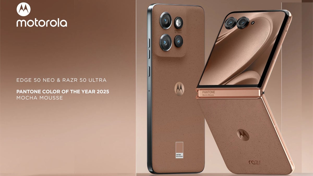 Motorola phone in brownish Mocha Mousse color.