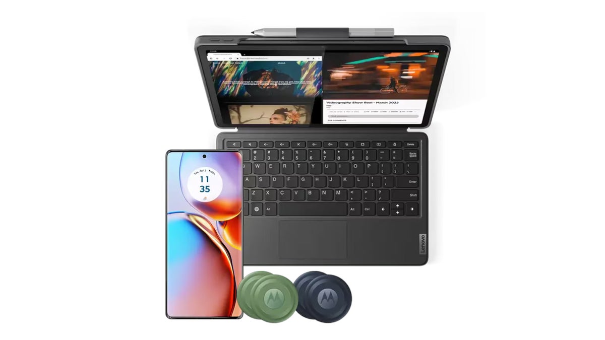 A Lenovo P11 with a keyboard and stylus, a Motorola Edge+ (2023), and a few Moto tags on a white background.