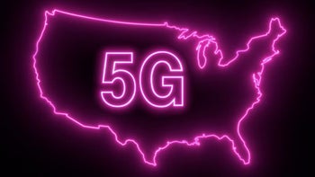 A magenta-colored outline of the US map with a 5G logo inside