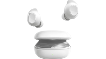 Galaxy Buds FE in White, alongside their white charging case, placed on a white background.