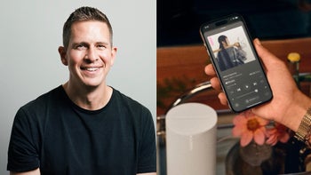 Composition of a photo of Sonos CEO Patrick Spence and a person holding an iPhone displaying the new Sonos app