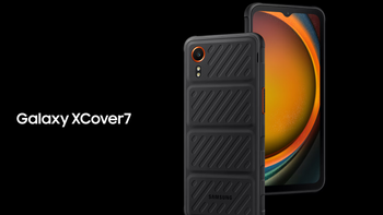 The Samsung Galaxy XCover7 smartphone is shown in black with orange accents.