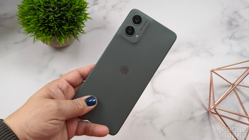 A close-up of the Moto G 5G (2024), showcasing its vegan leather back and rear camera module.