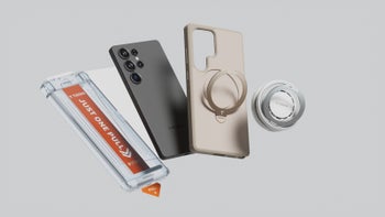 Promotional image showing the Torras case, screen protector kit, and wireless charger