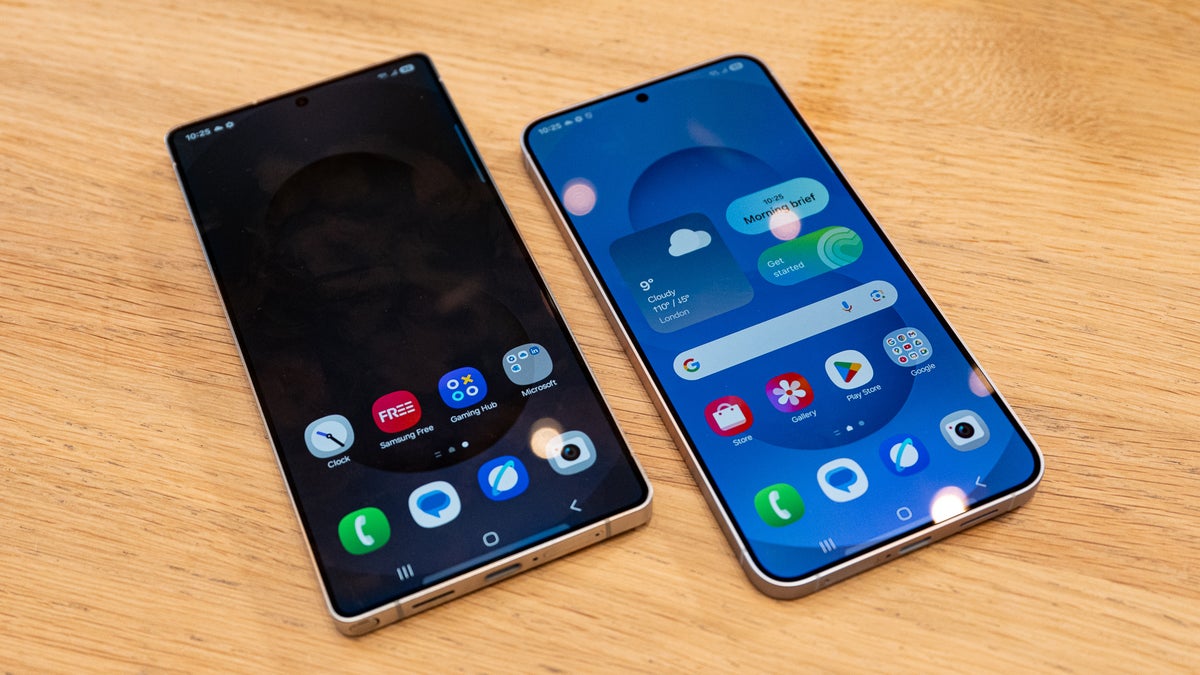 Galaxy S25 Ultra and Galaxy S25 Plus on a wooden table.
