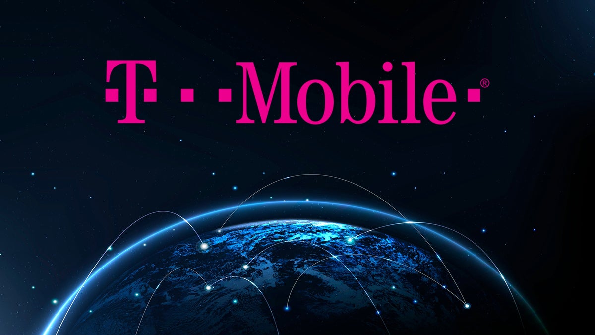 The T-Mobile logo is displayed against a dark background with a stylized image of Earth and connecting lines.