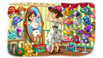 A digital animation showing a woman in front of a mirror with dozens of hats around her.