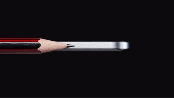 A thin phone on a black background measured its thickness against a sharp pencil.