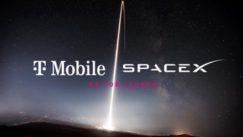 A dark field with a trail of a rocket being launched into space with the logos of T-Mobile and Starlink.