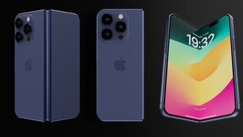 A digital render of the foldable iPhone on a dark background.