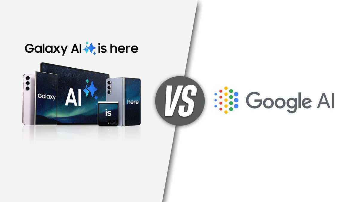 Diagonally split image with Galaxy AI on the left and Google AI on the right.
