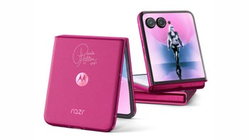 Motorola Razr Plus Paris Hilton edition displayed on a white background.