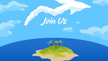 A cartoon image of a small island with palm trees under a blue sky with a cloud shaped like an arrow pointing towards the text "Join Us."