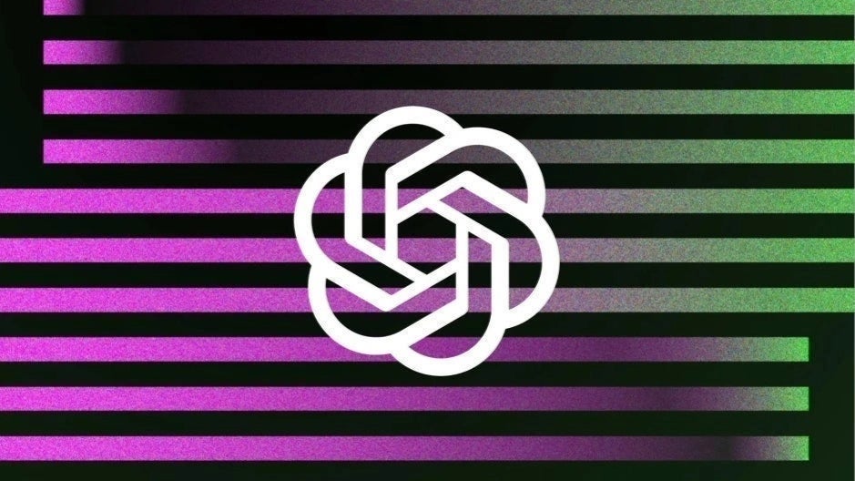 OpenAI's logo in white displayed over a colorful background with green and purple lines.
