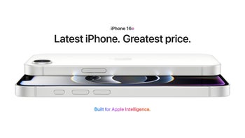 The front and back of the iPhone 16e is seen sideways as the phone is like tthe two slices of bread making a sandwich.