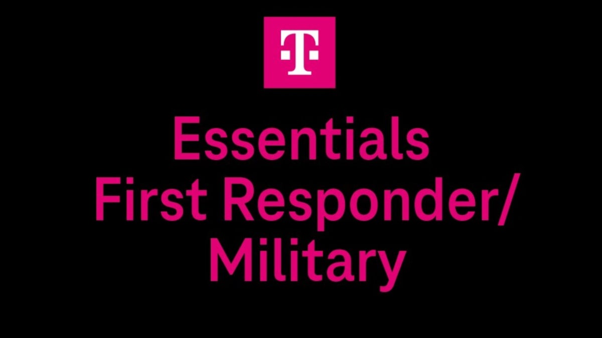 T-Mobile's new Essentia;s First Responder and Military plans are announced with Magenta-colored type against a black background.