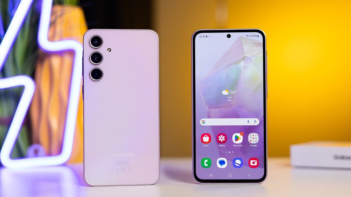 Galaxy A35 model in Awesome Violet is placed on a white table, showcasing its display and back design.