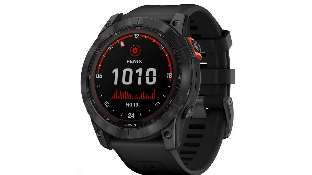 Garmin Fenix 7X Solar Edition on a white background.