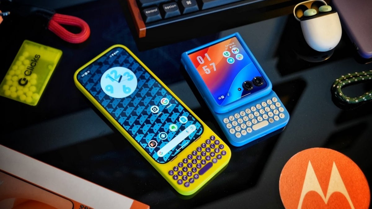 The Clicks case for the Pixel 9 Preo and Razr+ (2024) are displayed on a desk.