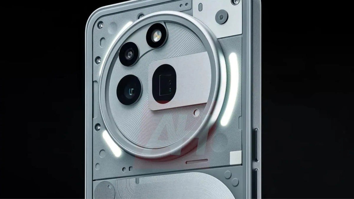 A leaked render of the Nothing Phone (3a) on a black background.