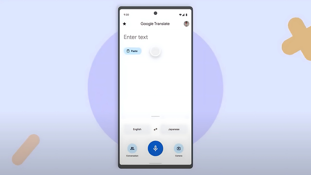 A digital illustration of the Google Translate app interface on a smartphone screen.