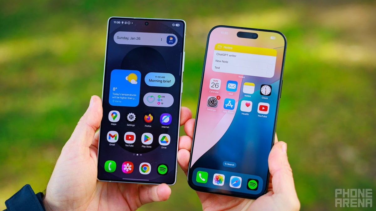 The IPhone 16 Pro Max and the Galaxy S25 Ultra next to each other on a green background.