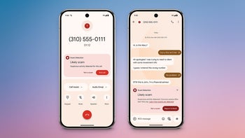 Header image with screenshots of scam detection on Messages and the Phone app on Pixel