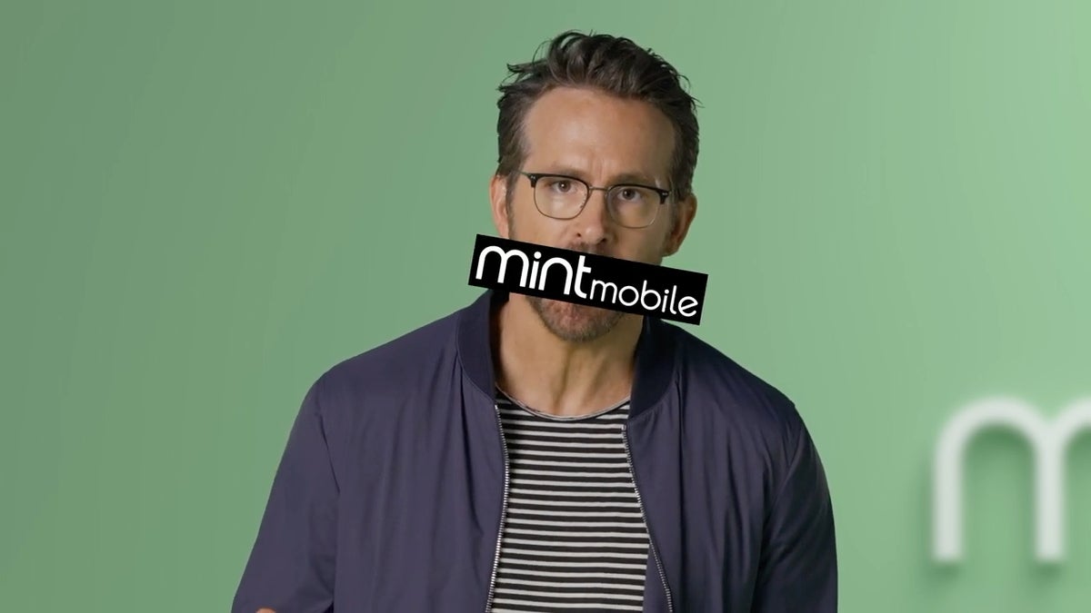 Image of Ryan Reynolds with Mint Mobile sign over his face