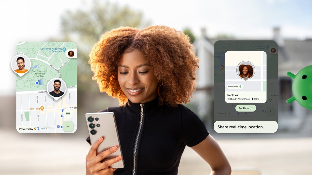 Image of a woman looking at a Samsung Galaxy device with two new Android features floating beside her
