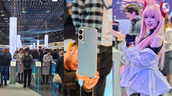 Collage from MWC 2025, with crowd, phone, and anime cosplayer