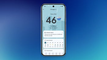 The Pixel Weather app is shown against a blue background.